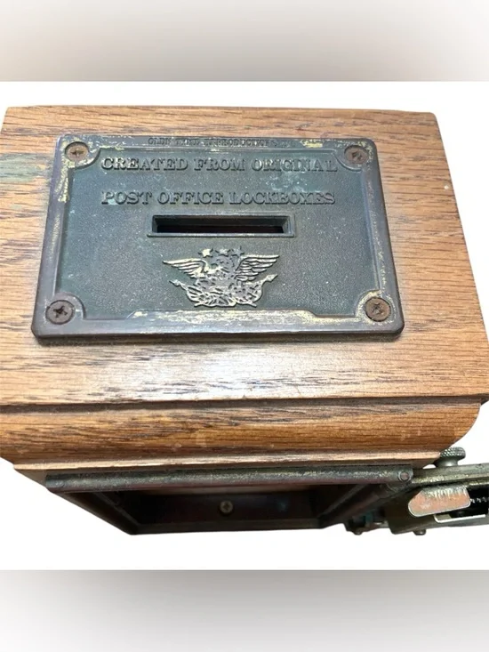 Vintage Post Office Lockbox Coin Bank Wood & Brass Keyless Lock Continental Gum - Picture 3 of 8